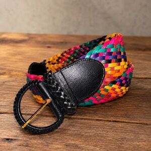 VTG Women's Sun Belt Multicolored Rainbow Woven Braided Wide Leather Belt Boho